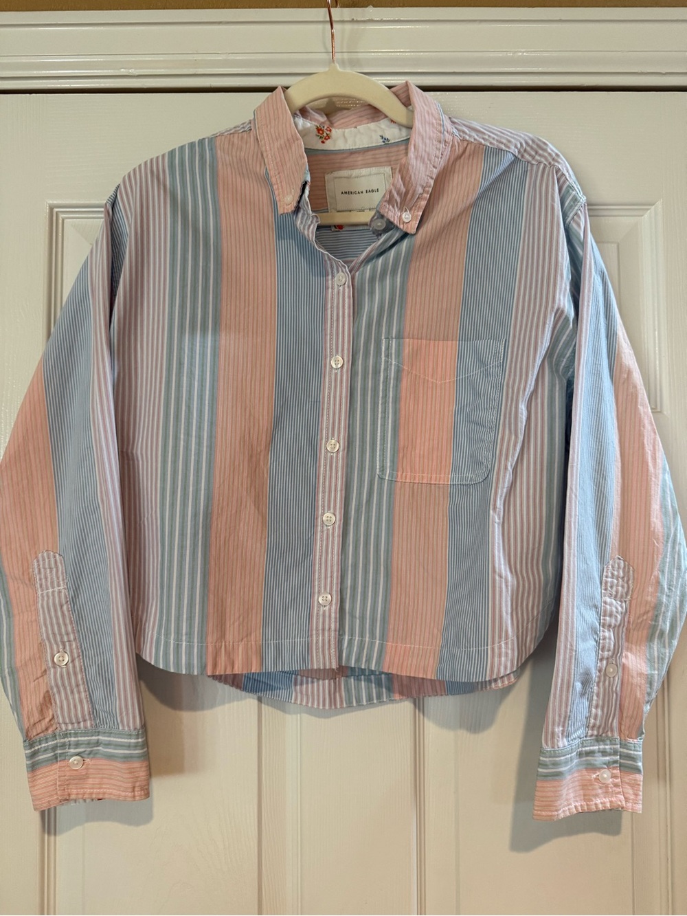 American Eagle Cropped Multicolor Striped Button Down Shirt
